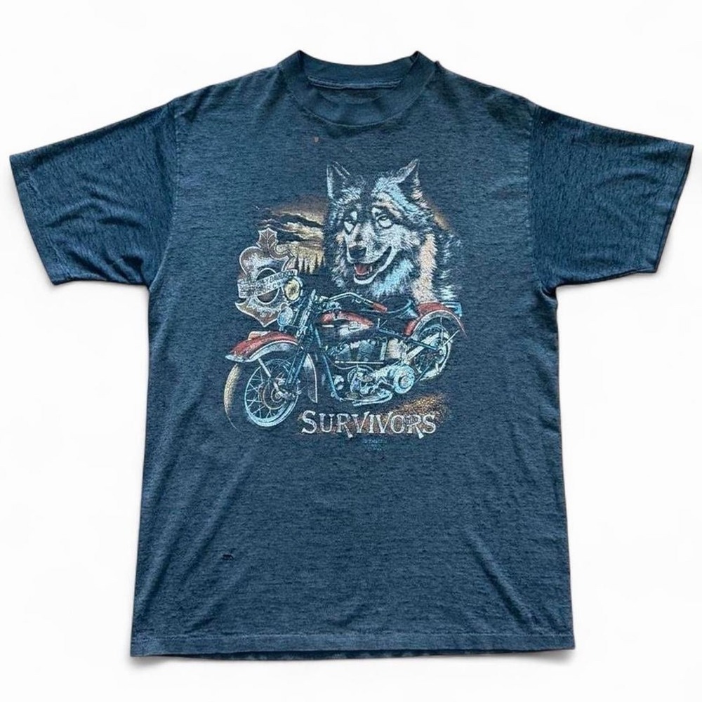 Vintage '89 3D Emblem Harley Davidson Survivors Wolf Biker Motorcycle T-shirt M